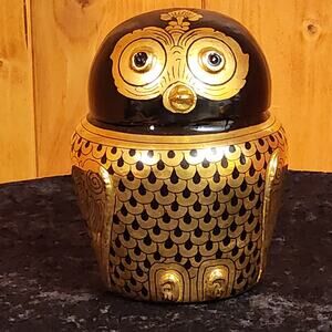 Vintage Burmese Owl Boxes Gold Lacquer Trinket Jar Set Myanmar Set of 2 Owls